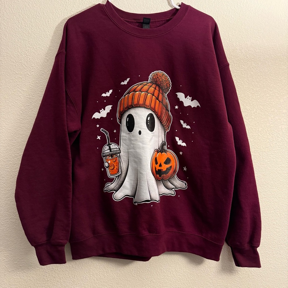 Ghost Sweatshirt Pumpkin Halloween Fall Burgundy